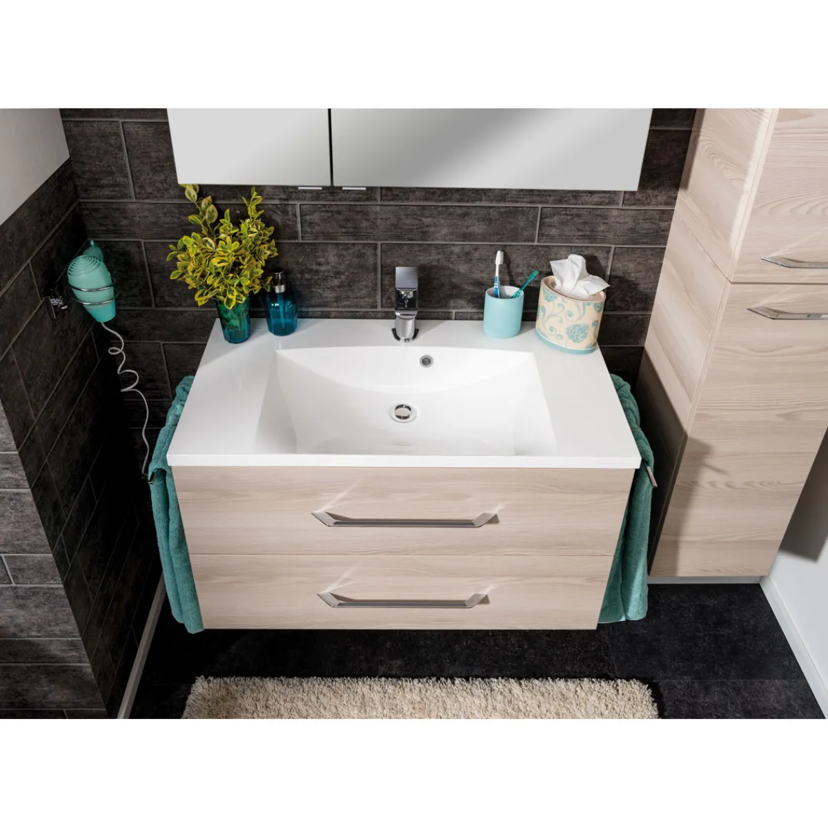 Fackelmann B.Clever WBU 90cm inkl.Gussmarmor-BeckenAuzuege m. SoftClose, Alska Esche
