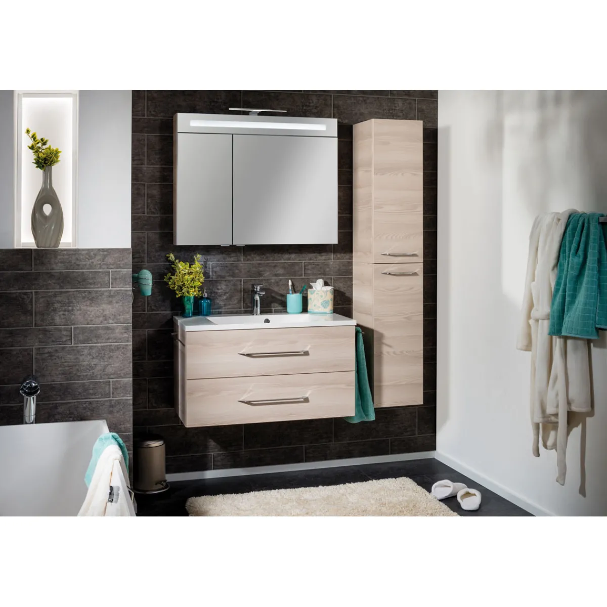 Fackelmann B.Clever WBU 90cm inkl.Gussmarmor-BeckenAuzuege m. SoftClose, Alska Esche