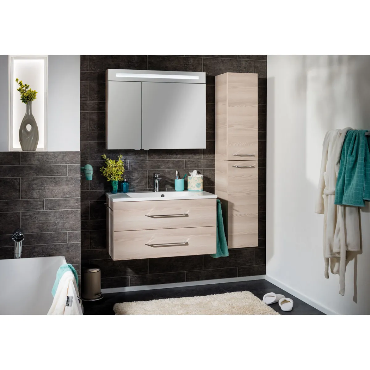Fackelmann B.Clever WBU 90cm inkl.Gussmarmor-BeckenAuzuege m. SoftClose, Alska Esche