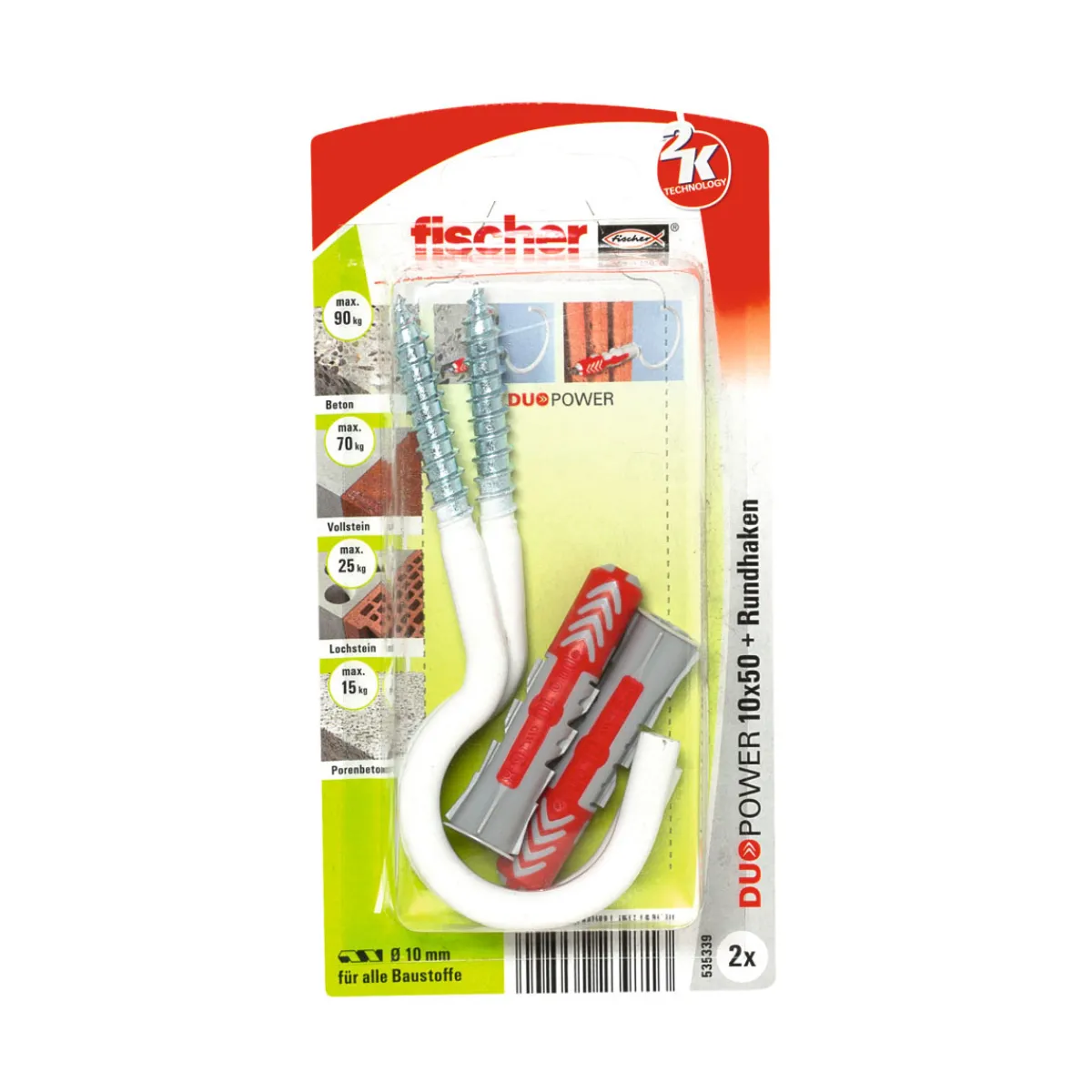 Best Fischer Dübel DuoPower 10 x 50 mm mit Rundhaken groß nylonbeschichtet 2 Stück