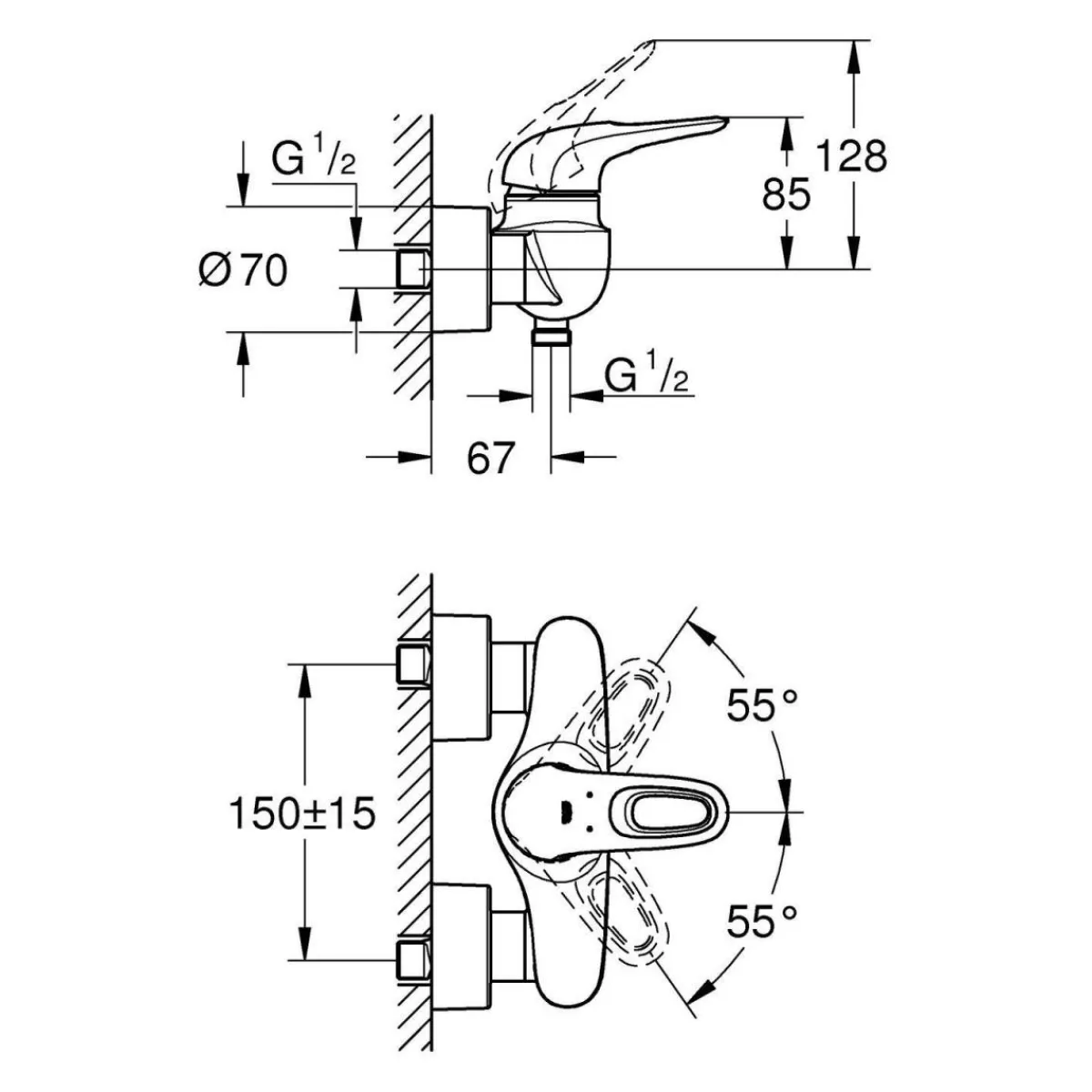 Best Grohe Einhand-Brausebatterie Eurostyle S-Size Hebel offen