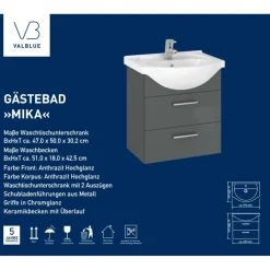 Best Gäste Waschbeckenunterschrank Mika, anthrazit, inkl. Keramikbecken, 2 Auszüge, B51cm