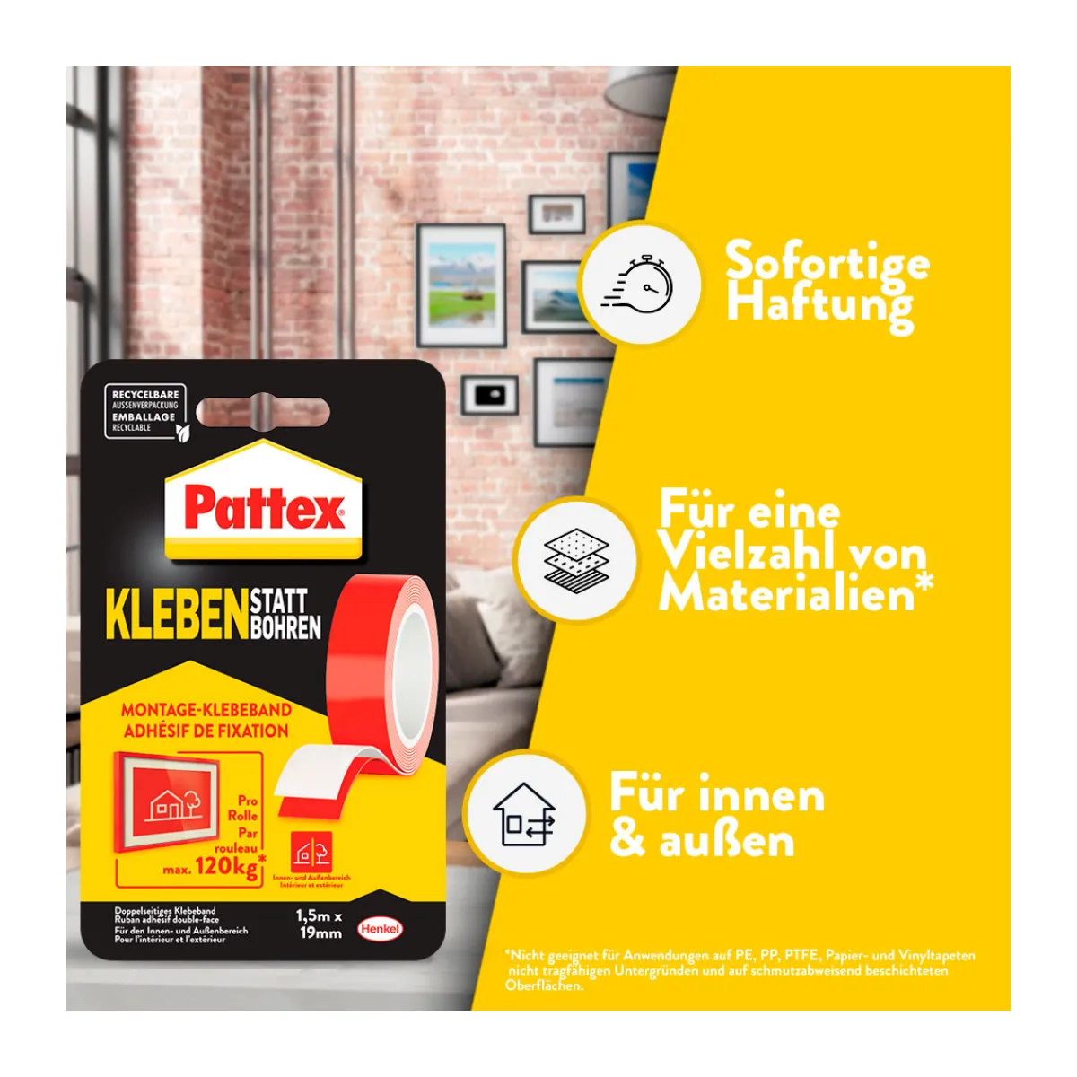 Outlet Pattex Klebeband Kleben statt Bohren 19 mm x 1,5 m