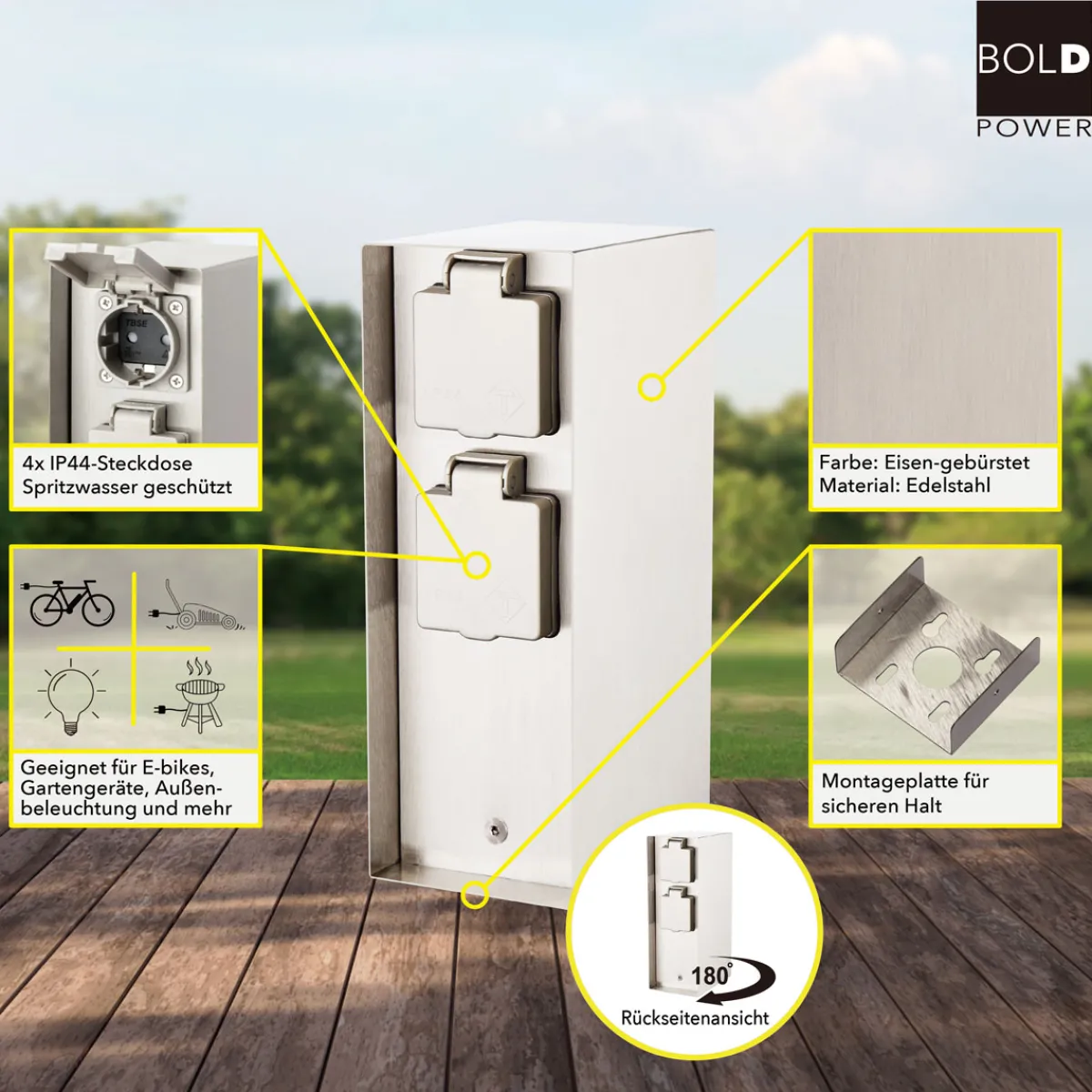 Clearance Steckdosensäule ORIO 4fach IP44 Eisen-gebürstet