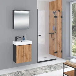 Best Waschbeckenunterschrank Mara, 55cm, Schwarz, 2 Türen, Soft-Close, inkl. Keramik-Becken