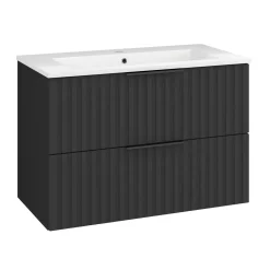 Discount Waschtisch Amy, 80cm, Farbe: Matt-Schwarz, mit 2 Schubladen und Soft-Close-Funktion